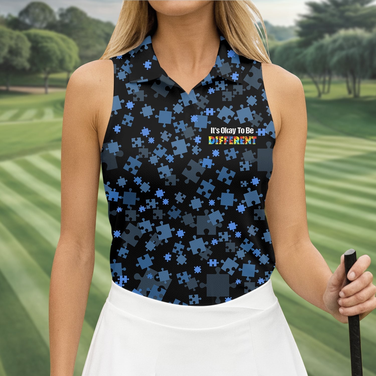 It's Okay To Be Different Autism Awareness Black And Blue Puzzle Pattern Ladies Golf Shirts, Golf Shirt For Women