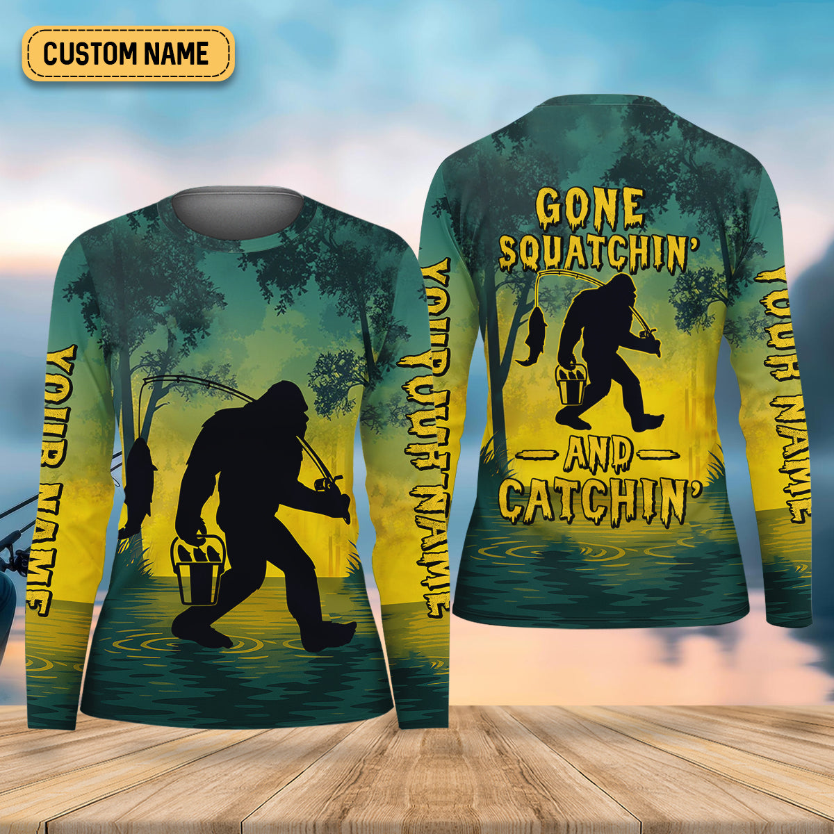 Gone Squatchin And Catching Yellow Forest Bigfoot Fishing Shirt For Women, Fishing UPF Shirts