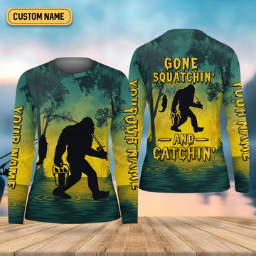 Gone Squatchin And Catching Yellow Forest Bigfoot Fishing Shirt For Women, Fishing UPF Shirts