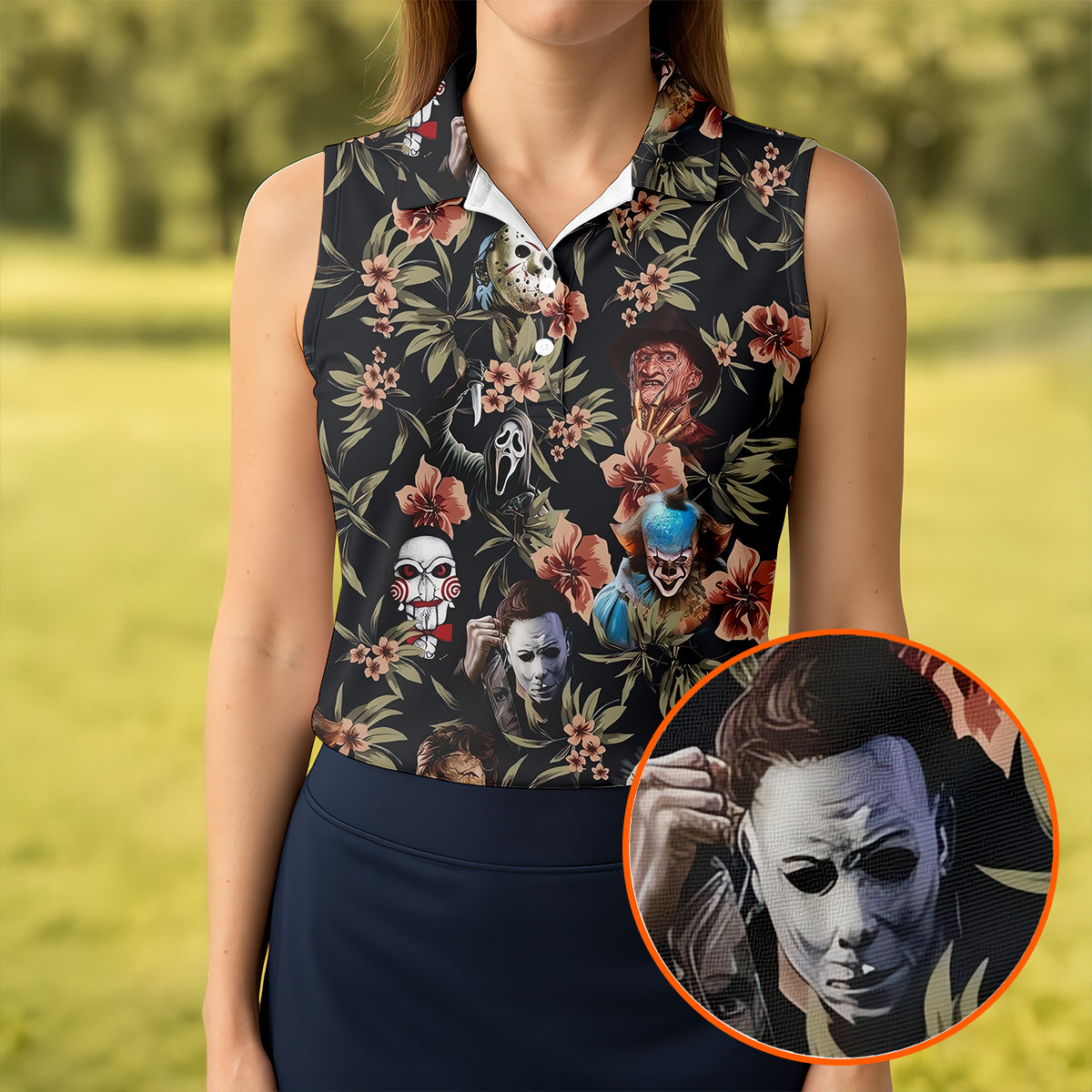 Dark Floral Horror Character Halloween Golf Shirt, Women’s Golf Polo, Printed Golf Shirt