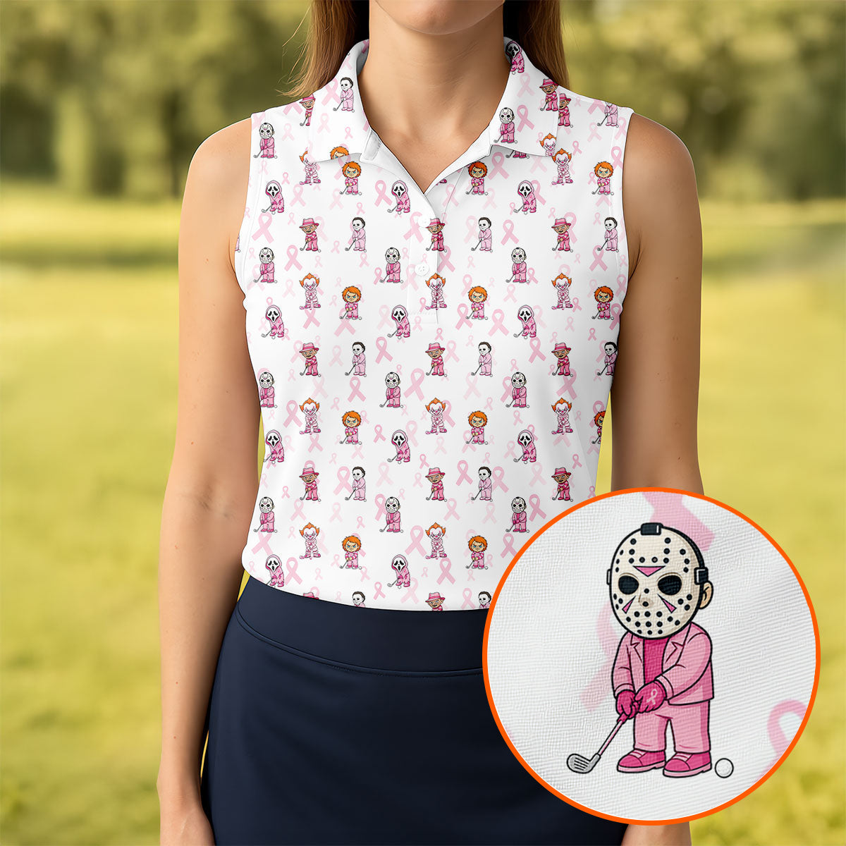 Breast Cancer Chibi Horror Character Polo Shirt, Womens Golf Tops, Golf Polo For Women