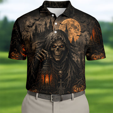 Grim Reaper Lantern Halloween Horror Character Polo Shirt, Mens Golf Polo, Mens Golf Apparel