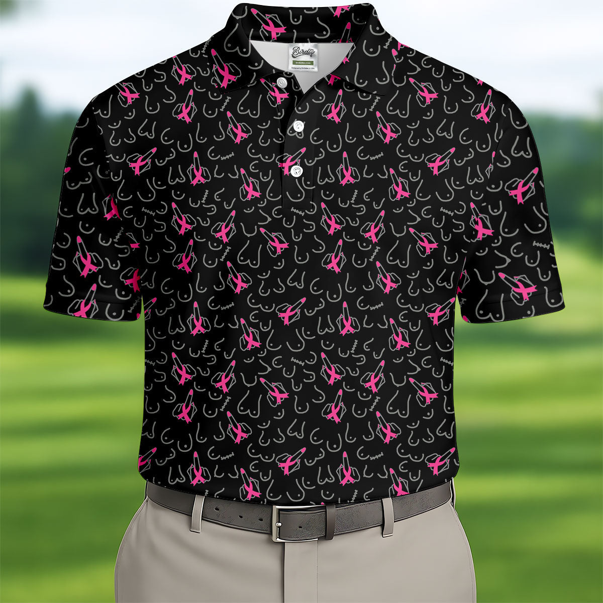 Breast Cancer Ribbon Middle Finger Polo Shirt, Mens Polo Shirts, Men's Golf Shirt