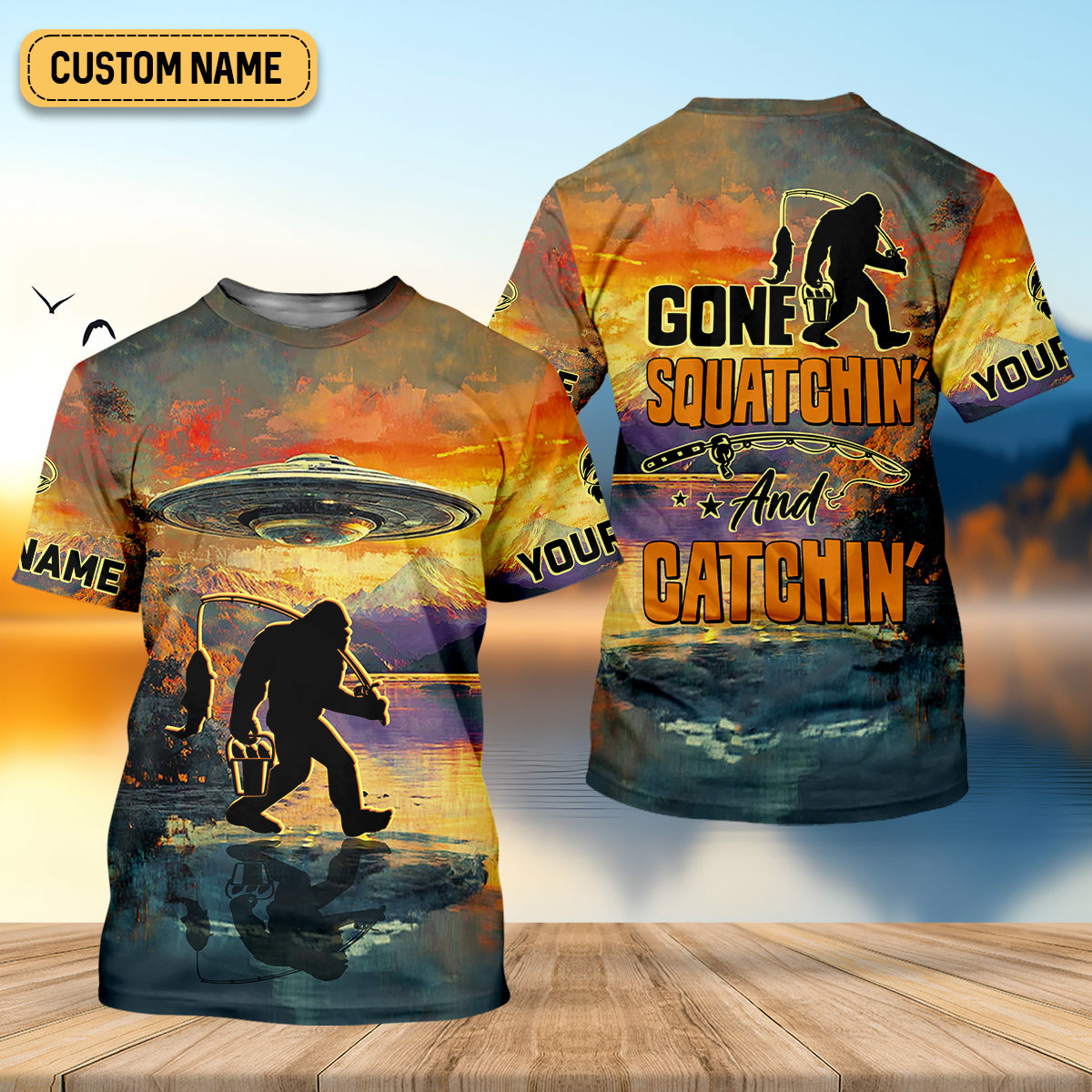 Gone Squatchin And Catchin UFO Bigfoot Fishing UPF Shirts, Fishing Gifts For Men, Fishing Shirts For Men