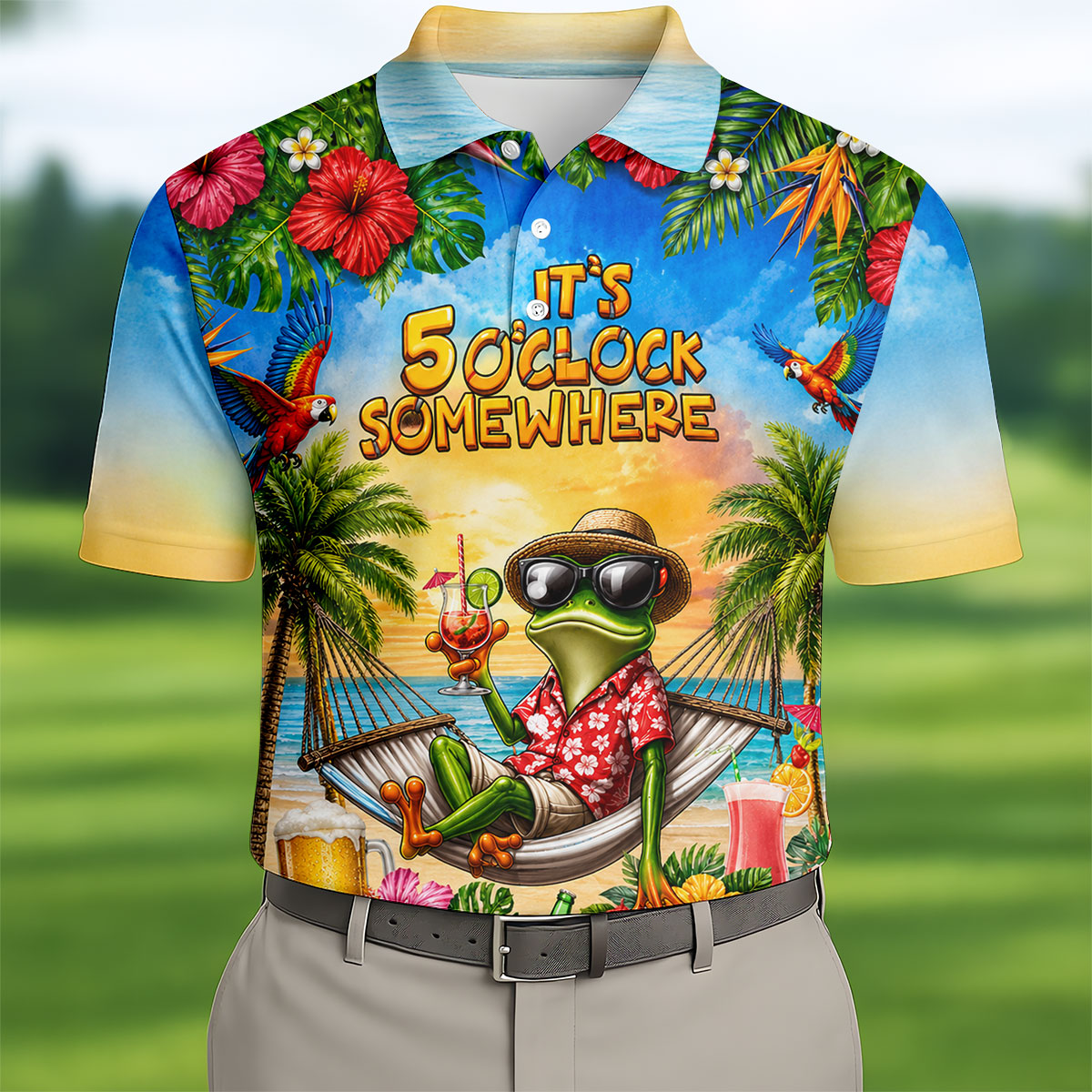 Funny Tropical Frog Drinking Hawaiian Golf Shirt, Mens Golf Polo, Printed Golf Shirts