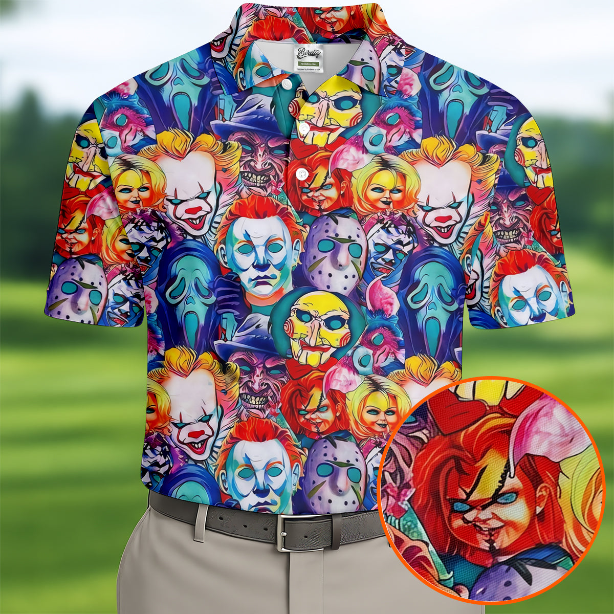 Colorful Horror Character Faces Halloween Polo Shirt, Mens Golf Shirts, Mens Polo Shirts
