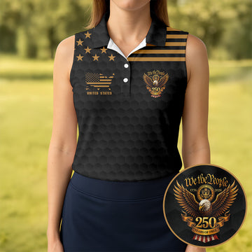 We The People 250 Years Golf Ball Pattern Black Golf Shirt, 4th Of July Patriotic Golf Shirt For Women