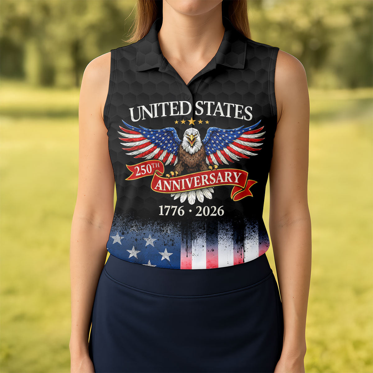 US Bald Eagle 250th Anniversary Celebration Ribbon Black Golf Shirt, Patriotic 4th Of July Golf Shirt For Women