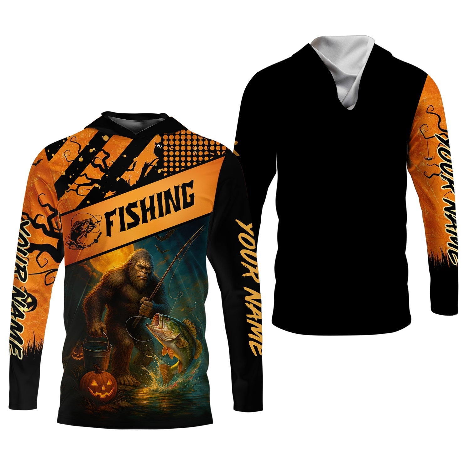 Bigfoot Halloween Fishing UPF Shirts, Fish Button Up Shirt, Fisherman Gift, Bass Fishing