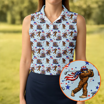 Funny Bigfoot 4th Of July American Flag Pattern Light Blue Women Golf Top, 250th Anniversary Patriotic Golf Shirt