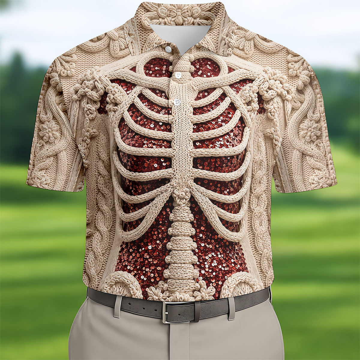 Knitted Skeleton Sequin Halloween Polo Shirt, Mens Golf Polo, Golf Apparel For Men