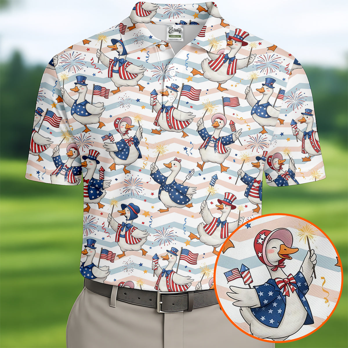 Patriotic Duck American Flag Fireworks Polo Shirt, Mens Golf Polo, Golf Shirts For Men
