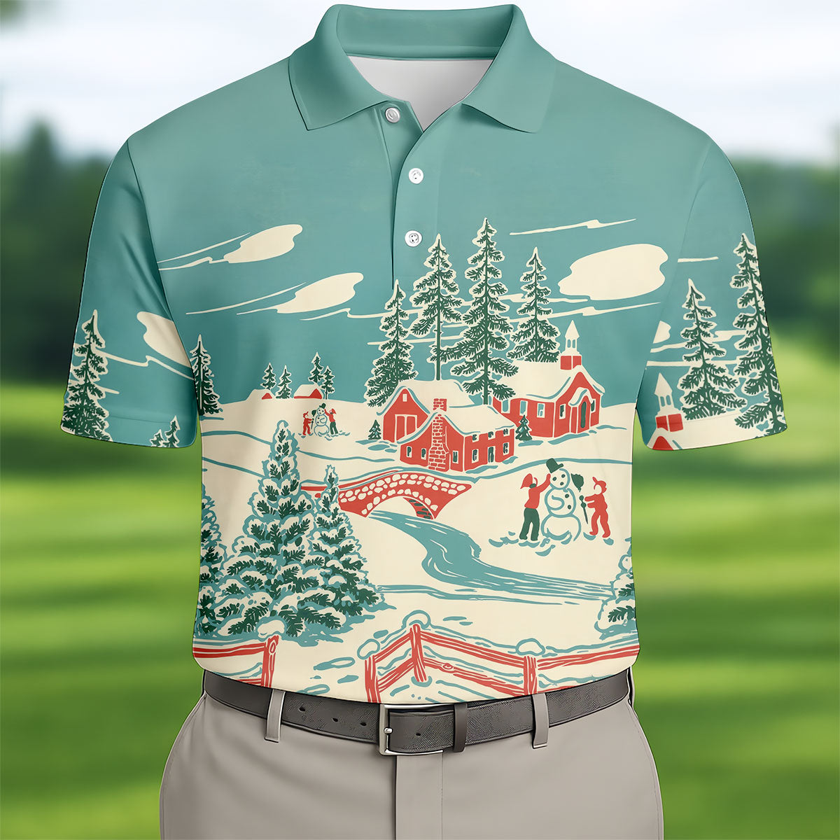 Christmas Winter Village Snowman Golf Polo Shirt, Mens Golf Polo, Golf Apparel For Men
