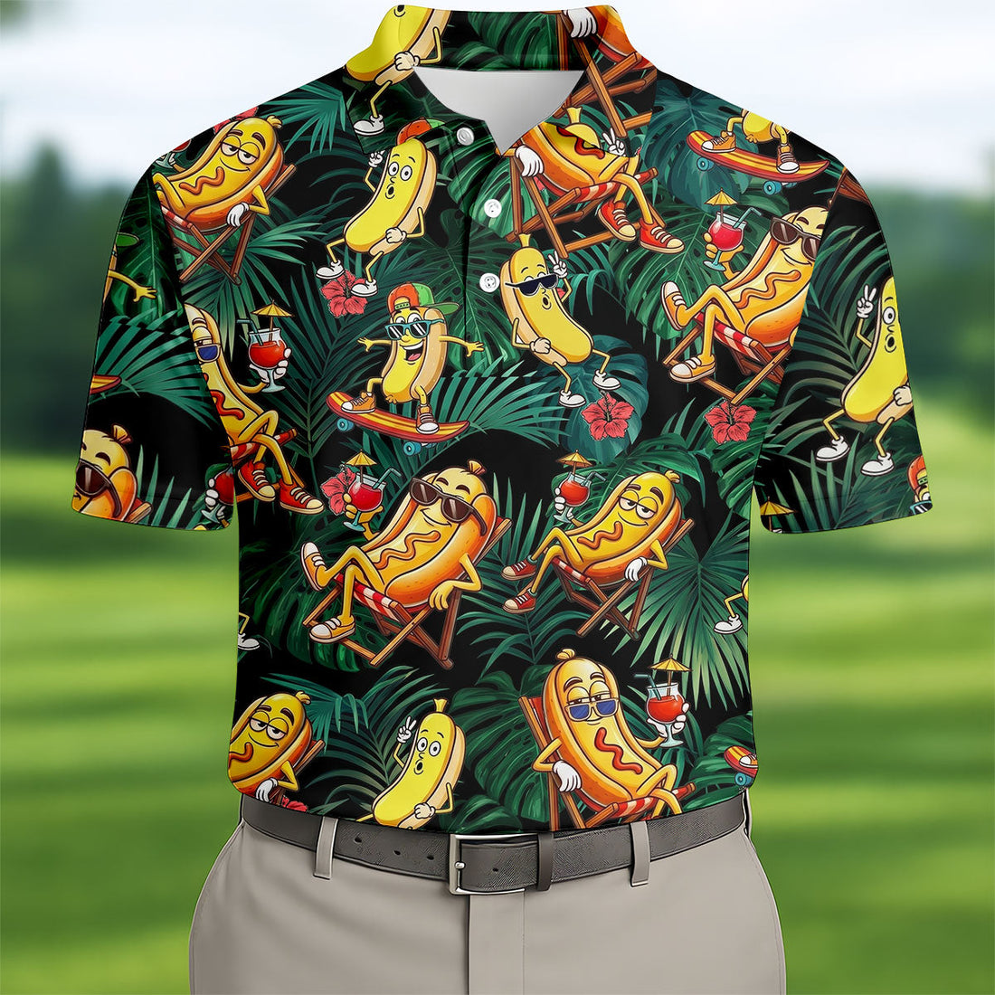 Funny Hot Dog Banana Tropical Hawaiian Golf Shirt, Mens Golf Polo, Printed Golf Shirts