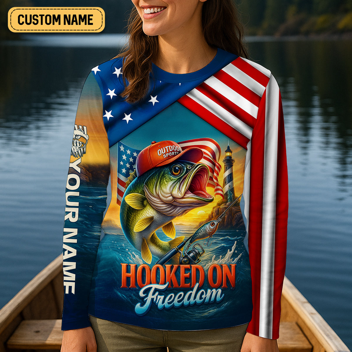 Hooked On Freedom Patriotic Fishing Shirt, Largemouth Bass Fishing Women SPF Shirt, Funny Fishing Shirt