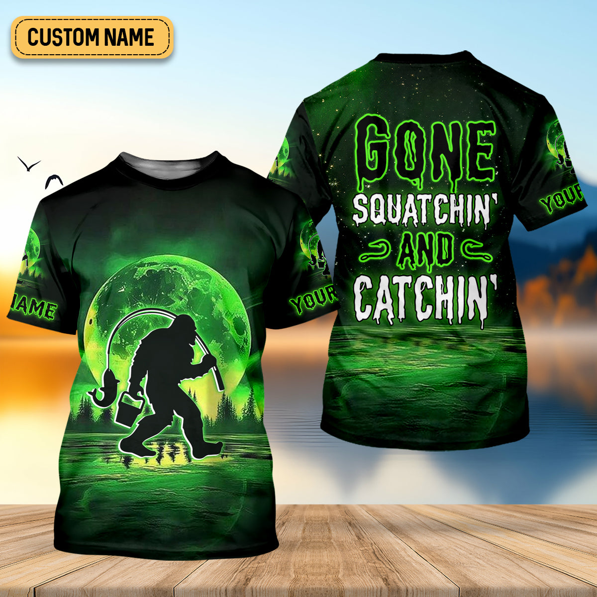 Gone Squatchin And Catchin Bigfoot Neon Green Color Funny Fishing Shirt, SPF Shirt For Men, Presents For Fishermen