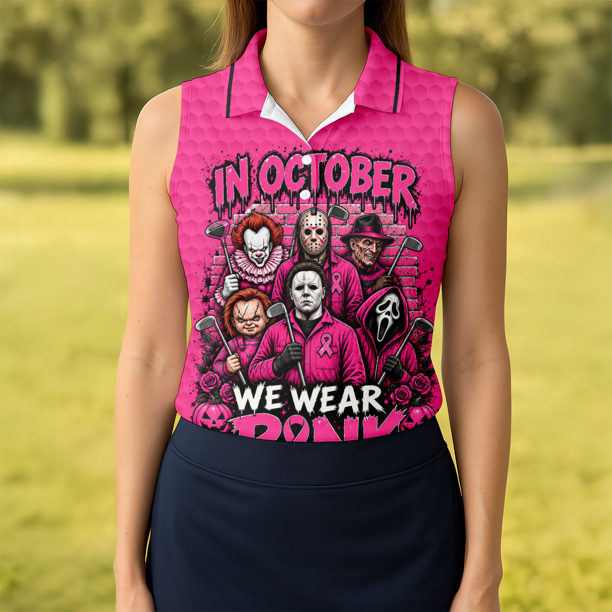 Horror Fights Together Pink Ribbon Polo Shirt, Golf Tops For Women, Women’s Golf Apparel