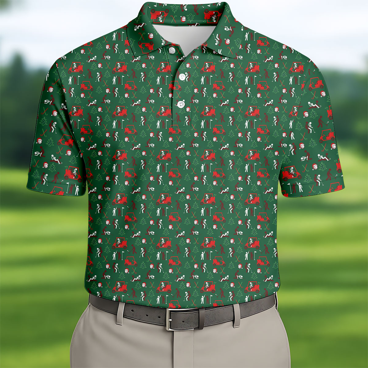 Christmas Golf Cart and Golfer Polo Shirt, Golf Polo Shirts For Men, Mens Golf Shirts