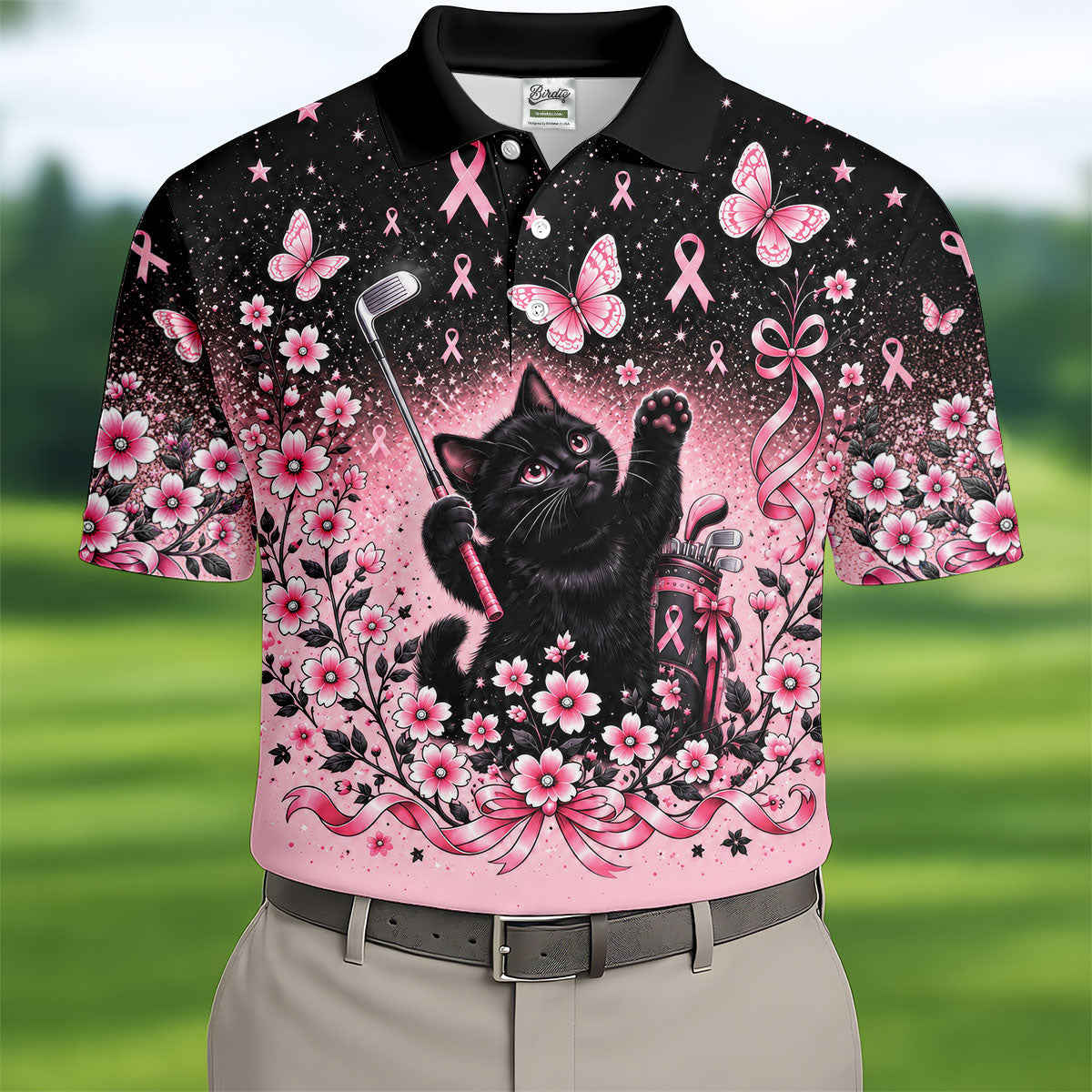 Black Cat Breast Cancer Ribbons Polo Shirt, Mens Golf Polo, Golf Apparel For Men