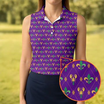 Crawfish Fleur De Lis Argyle Pattern Mardi Gras Golf Shirt, Women's Golf Tops, Ladies Golf Polos