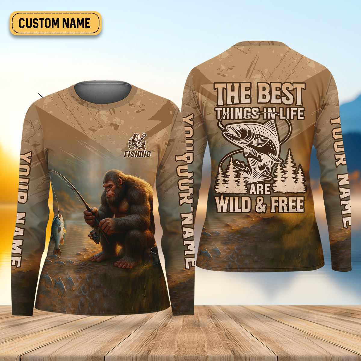 The Best Things In Life Are Wild And Free Custom Name Bigfoot Fishing Women SPF Shirt, Female Fishing Shirts