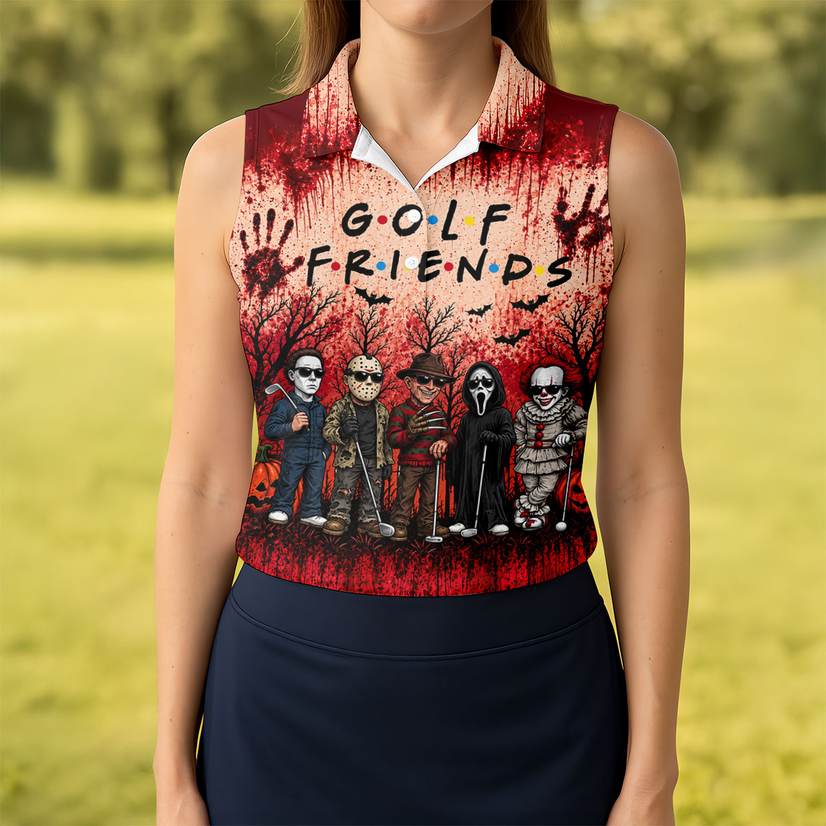 Golf Friends Halloween Horror Character Group Polo Shirt, Women's Golf Polo, Golf Apparel