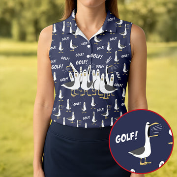 Funny Seagull Halloween Golf Shirt, Cartoon Bird Pattern, Women's Golf Apparel, Printed Golf Shirt