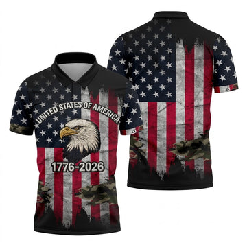 USA Bald Eagle 250 Years Camo American Flag Golf Shirt, Patriotic 4th Of July Golf Shirts For Men