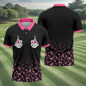 Two Skeleton Middle Fingers Breast Cancer Polo Shirt, Mens Polo Shirts, Mens Golf Apparel