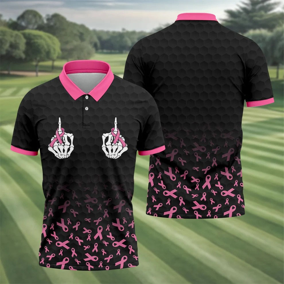 Two Skeleton Middle Fingers Breast Cancer Polo Shirt, Mens Polo Shirts, Mens Golf Apparel