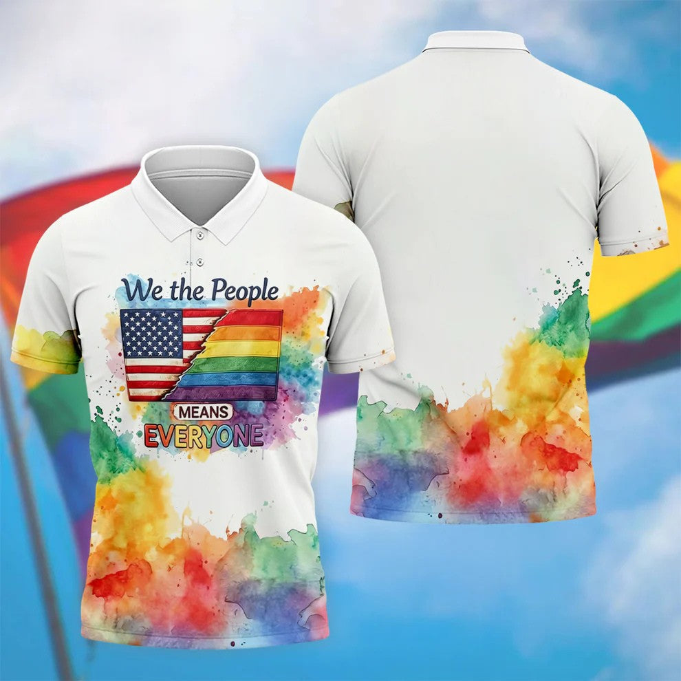 We The People Means Everyone Water Color Print Golf Shirt, LGBTQ Month Polo Shirts For Men