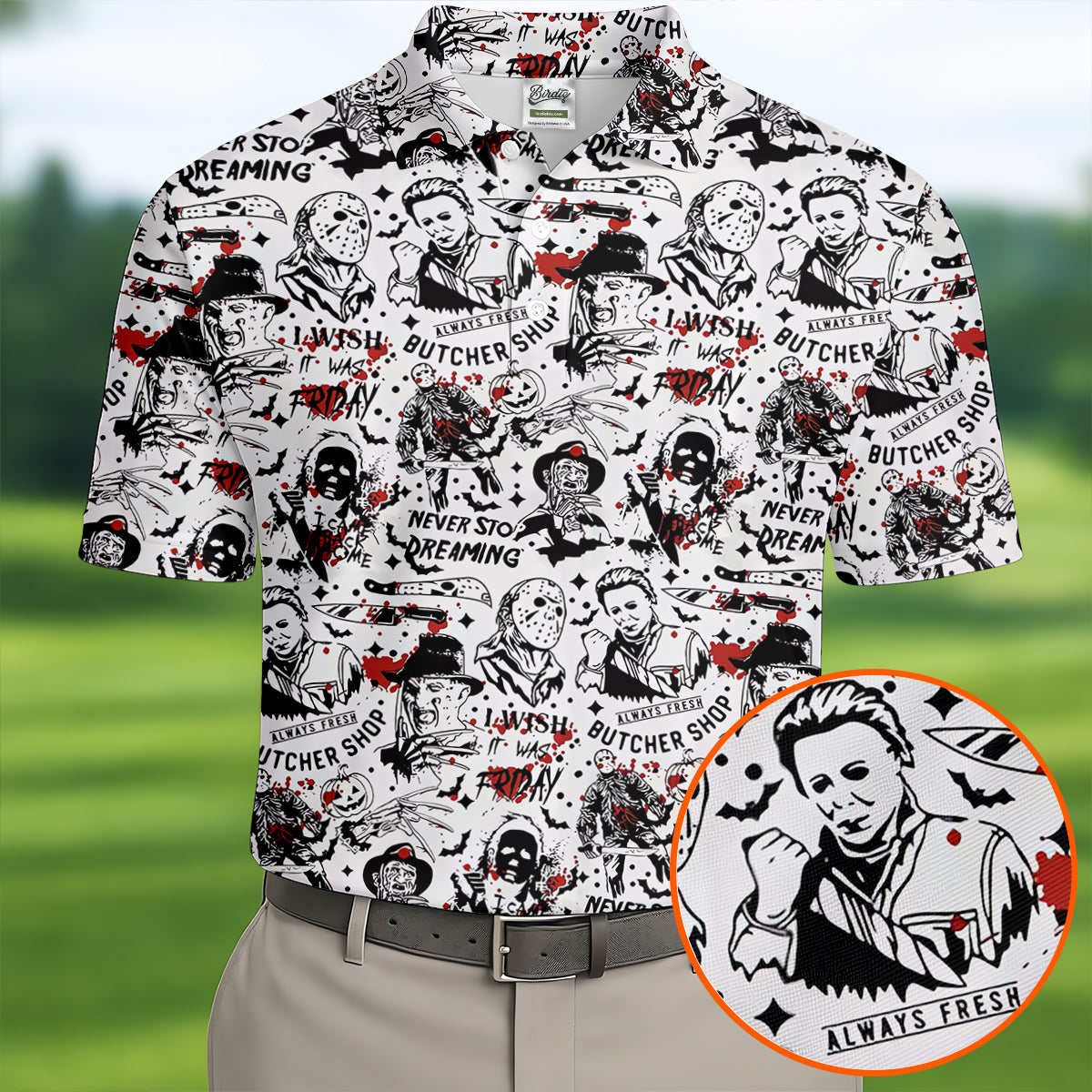 Classic Horror Character Collage Halloween Polo Shirt, Men's Golf Shirt, Mens Golf Apparel