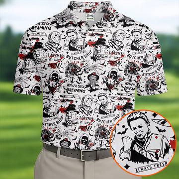 Classic Horror Character Collage Halloween Polo Shirt, Men's Golf Shirt, Mens Golf Apparel