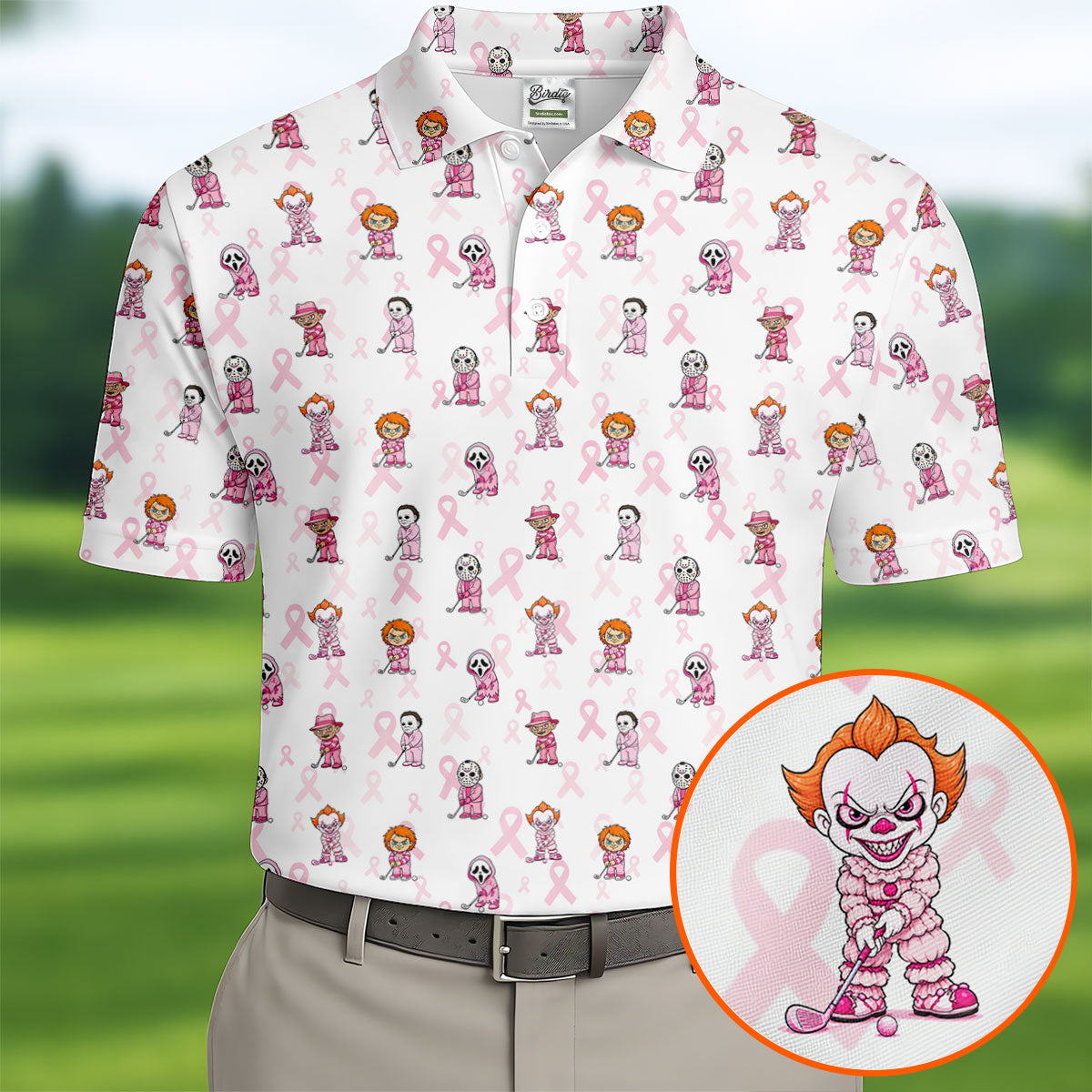 Breast Cancer Chibi Horror Character Polo Shirt, Mens Golf Shirts, Golf Apparel For Men