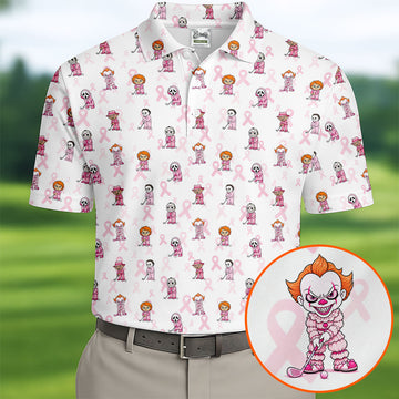 Breast Cancer Chibi Horror Character Polo Shirt, Mens Golf Shirts, Golf Apparel For Men