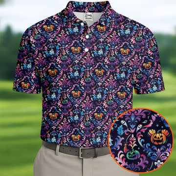 Colorful Ghost Pumpkin Floral Halloween Polo Shirt, Mens Golf Polo, Printed Golf Shirts