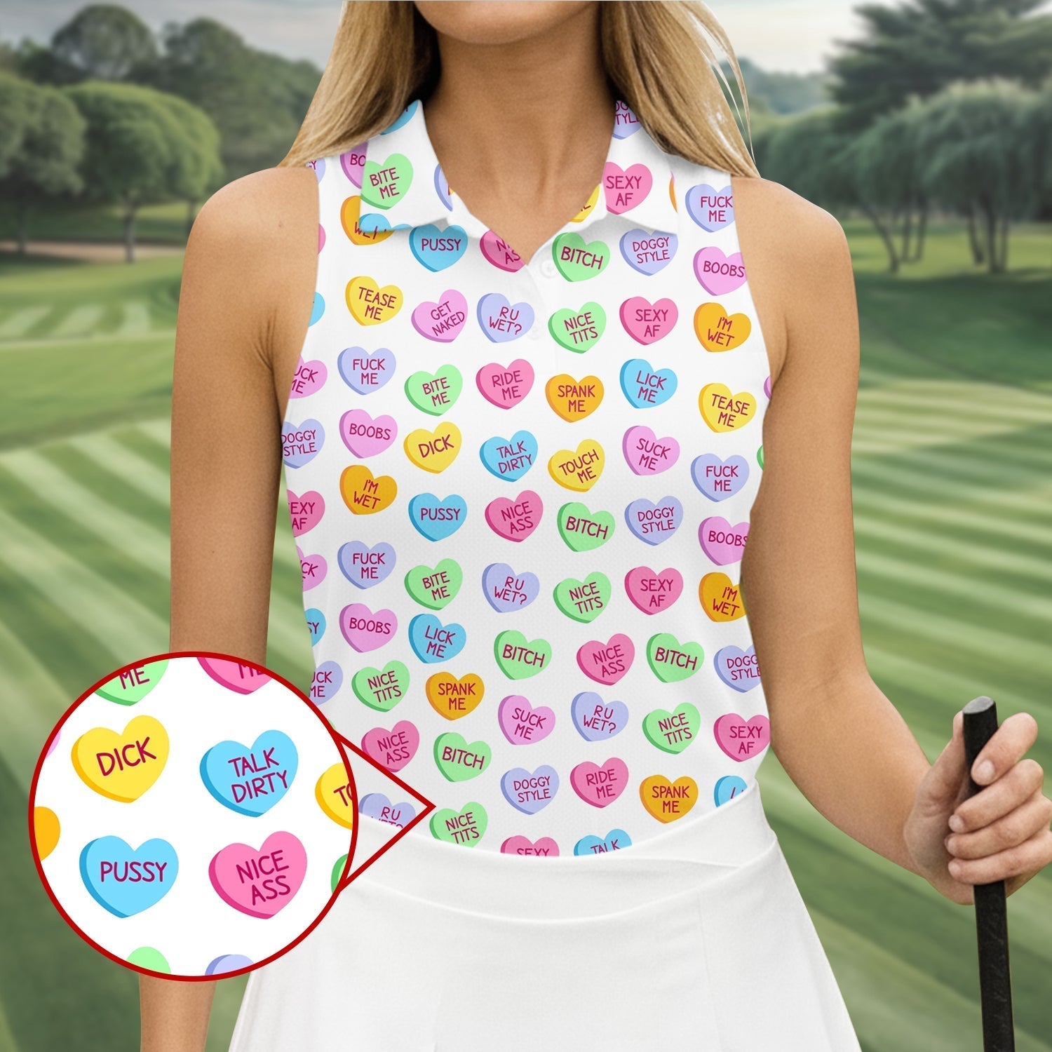 Naughty Conversation Hearts Fun Women's Golf Shirts, Valentines Golf Gift, Dirty Candy Heart  Ladies Golf Polos