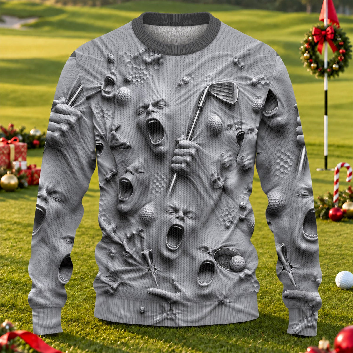 Screaming Face All-Over Graphic Design, Ugly Christmas Sweaters, Christmas Golf Gift