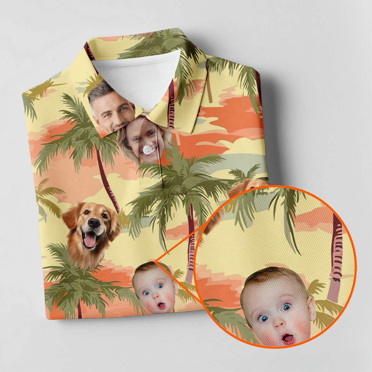 Yellow Sunset Hawaiian Shirt With Face, Matching Hawaiian Outfits, Womens Sleeveless Polo, Ladies Golf Shirts