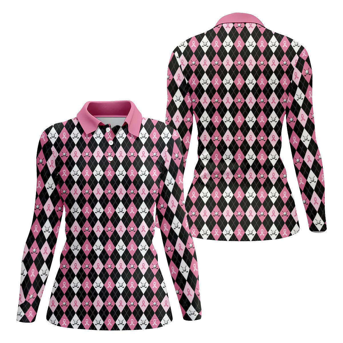 Black Pink Argyle Womens Golf Shirts, Breast Cancer Golf Shirt, Ladies Pink Golf Shirt, Golf Gift For Womens