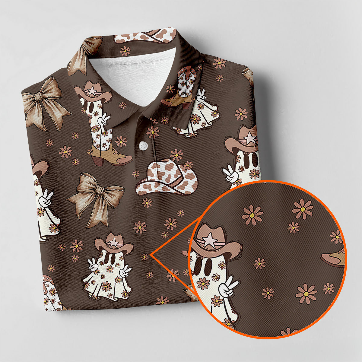 Coquette Halloween Cowboy Ghost Brown Fun Womens Golf Shirts, Ladies Sleeveless Polo, Ladies Golf Shirts