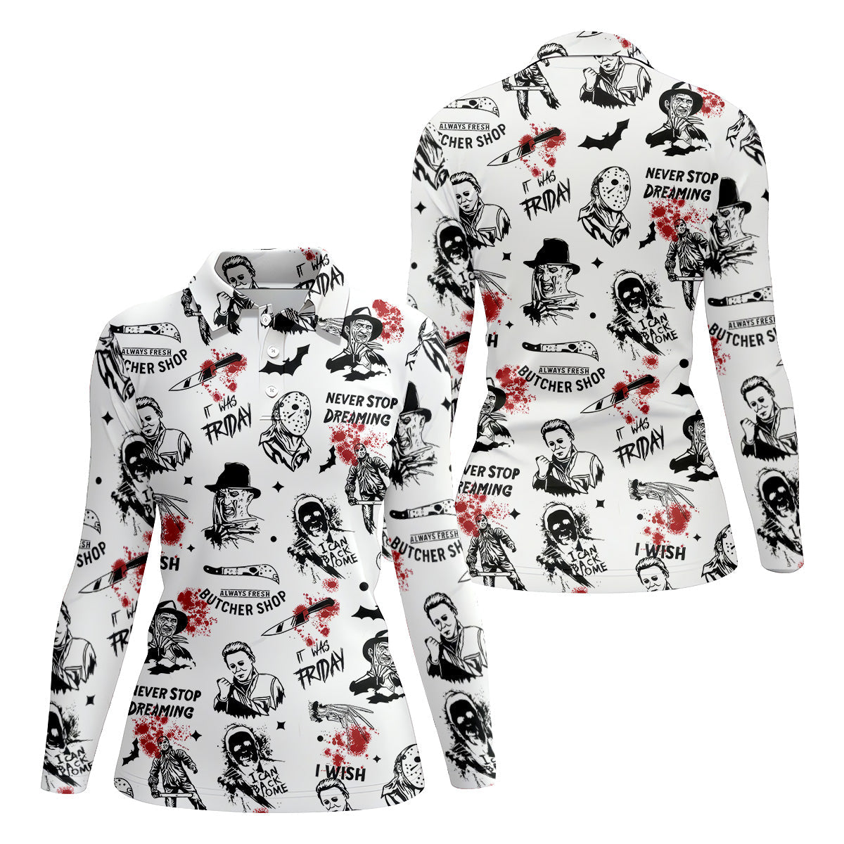 Horror Halloween Character White Golf Shirt, Ladies Golf Tops, Women's Polo Shirt