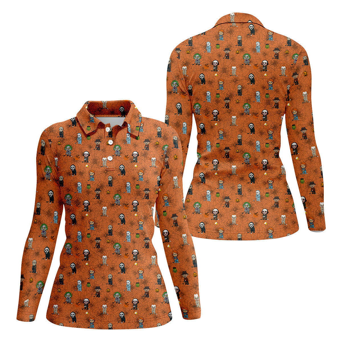 Funny Horror Character Orange Golf Polo ShirtHorror Movie Shirt, Halloween Golf Shirt, Womens Golf Polo