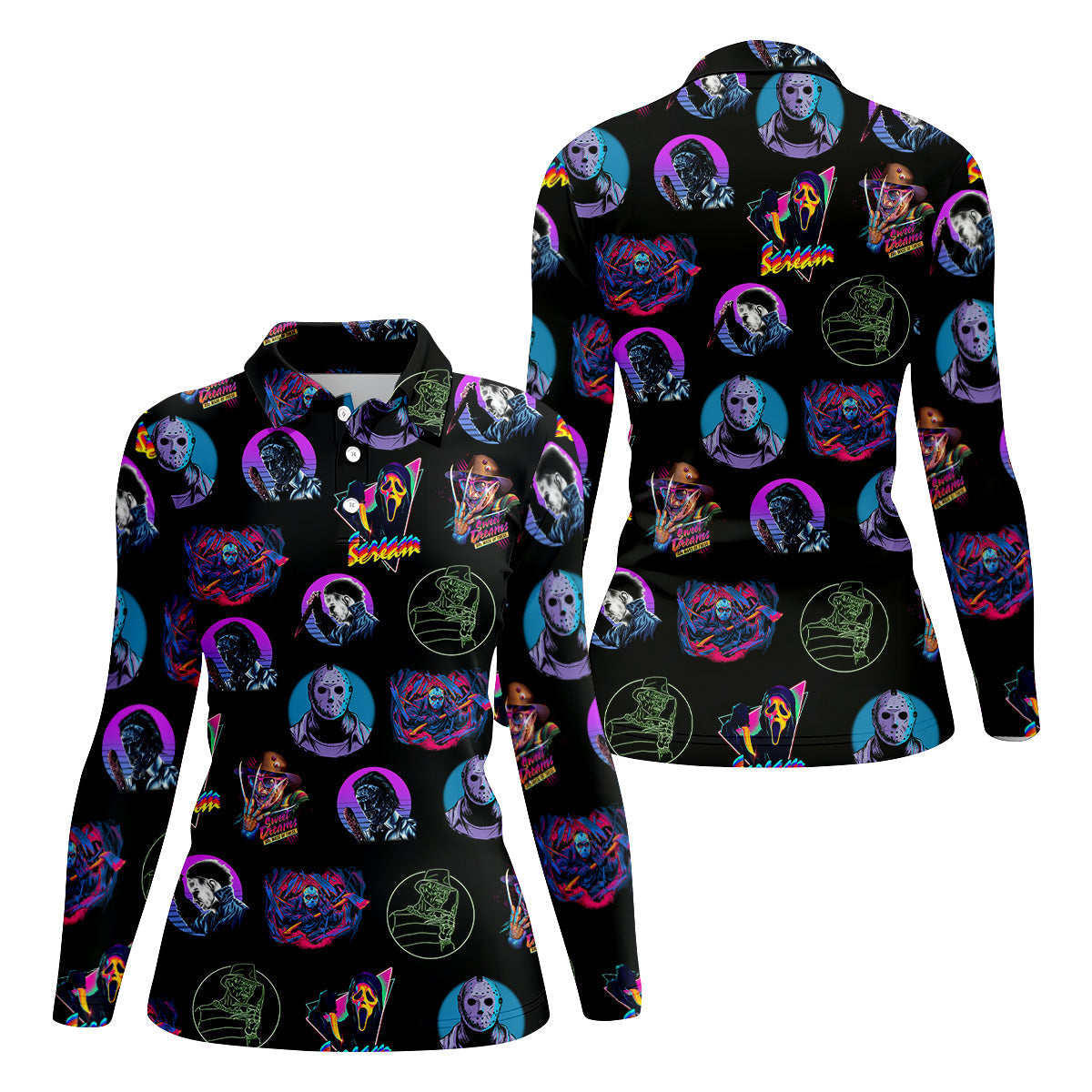 Funny Horror Character Women Golf Shirt, Horror Character Neon Shirt, Halloween Golf Shirt, Scary Halloween Shirts