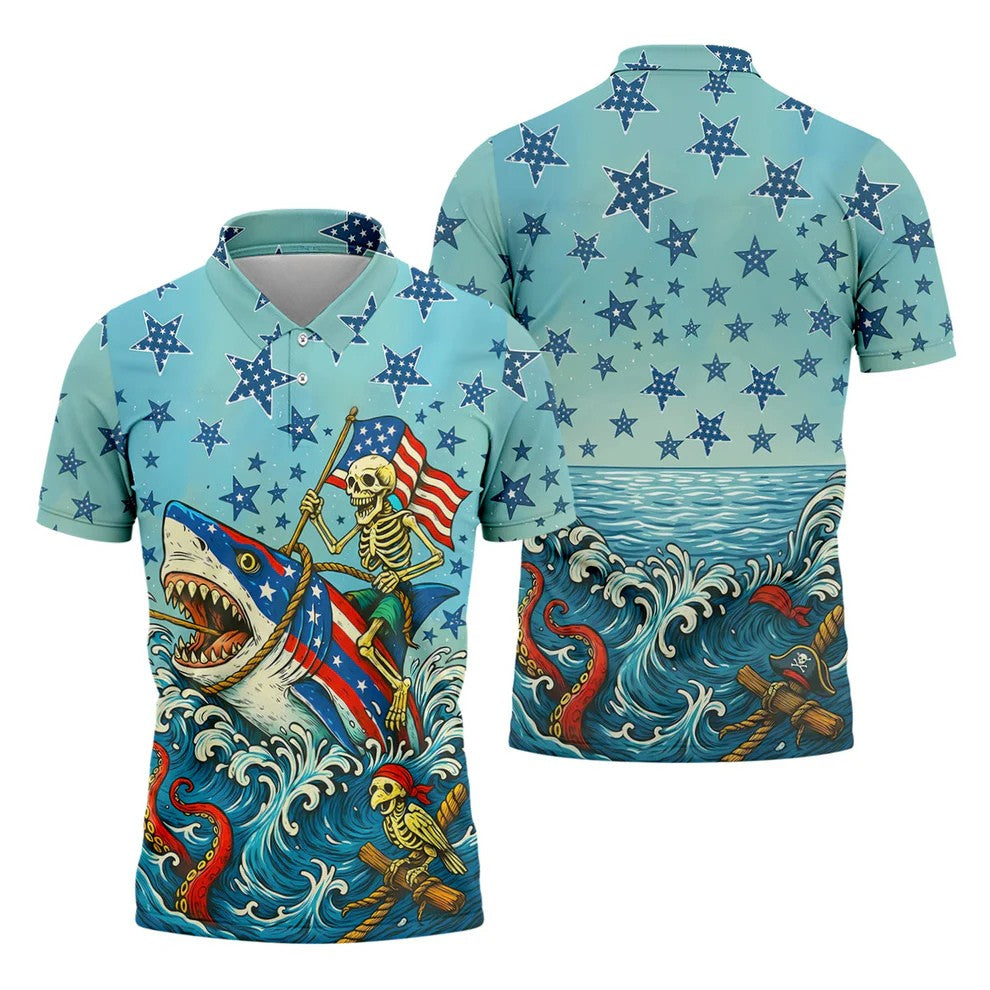 Skeleton Riding Shark Patriotic Golf Shirt, 4th Of July Golf Shirt, 250 Years Polo Shirts For Men