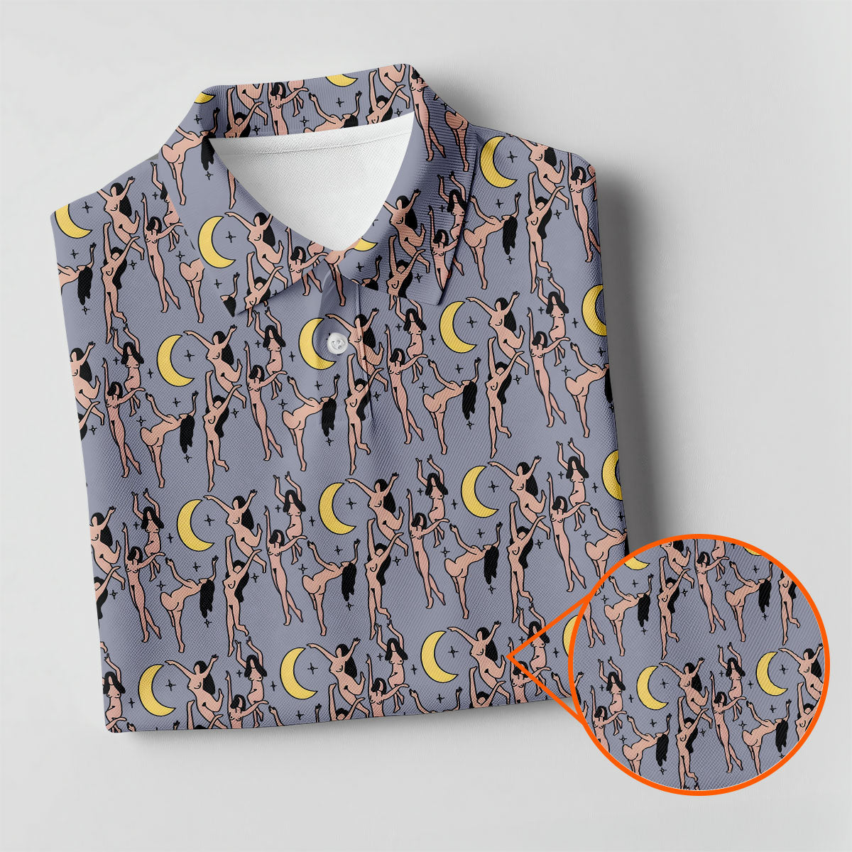 Dancing Figures Moon And Stars Pattern Polo Shirt, Womens Golf Tops, Golf Shirts For Women