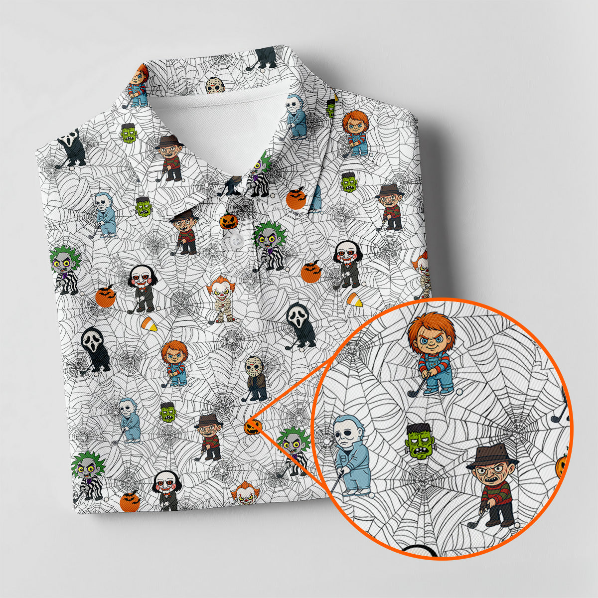 Funny Horror Character White Golf Polo ShirtHorror Movie Shirt, Halloween Golf Shirt, Womens Golf Polo