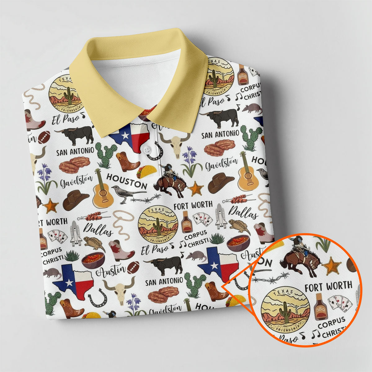 Texas Symbols Western Theme Doodle Style Golf Tops For Men, Polo ShirtFor Men, Golf Shirts For Men