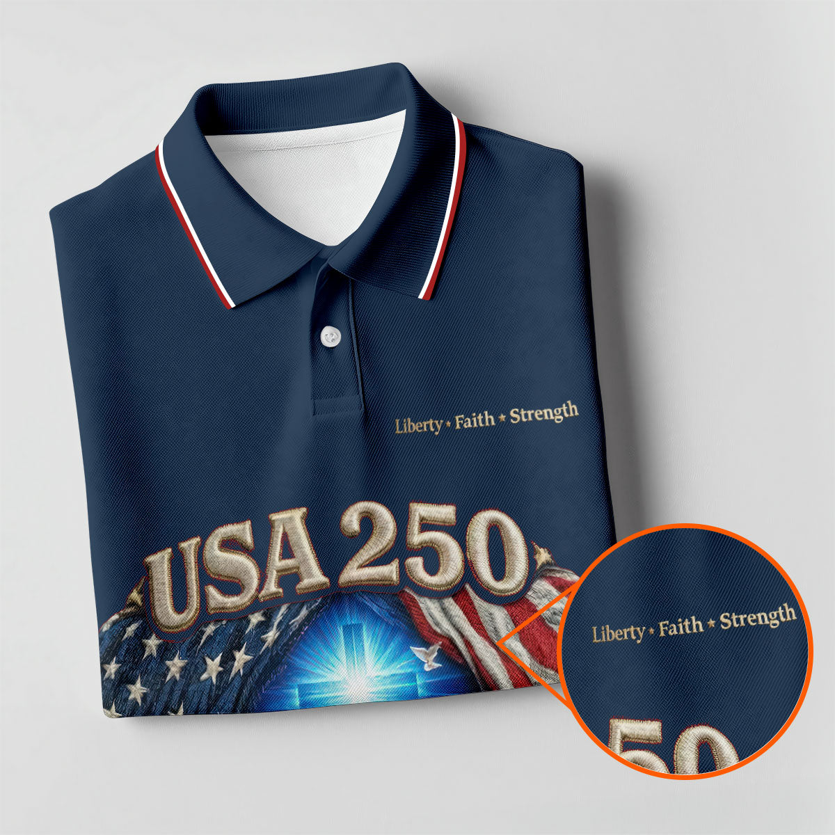 One Nation Under God Faith Cross USA 250 Navy Golf Shirt, 4th Of July Golf Shirts For Men