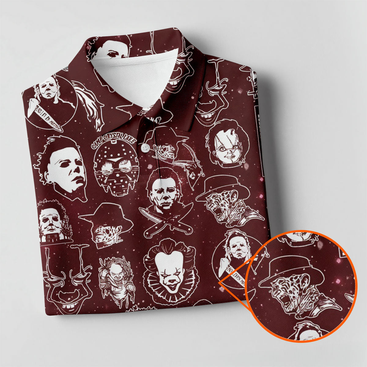 Vintage Halloween Horror Character Pattern Golf Shirt, Women's Golf Polo, Printed Golf Shirt